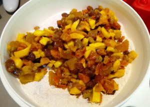 Add your fruit to your dry ingredients.