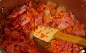 Add your lentils and stir well, with the pan still on the heat.