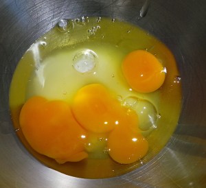 Start with eggs and sugar. Now beat.