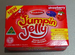 A packet of Strawberry Jelly crystals.