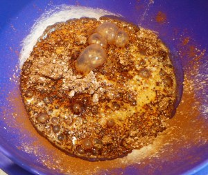 Add some hot milk to dry ingredients...